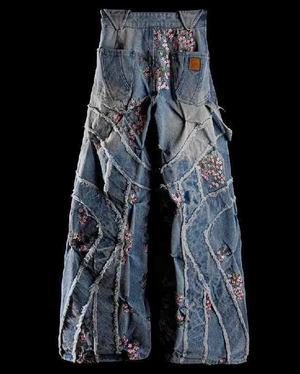 Women's Jeans Clothing jeans Y2K mens Harajuku hip-hop cherry blossom embroidery retro patch heavy-duty bag style jeans high waist wide leg Trous