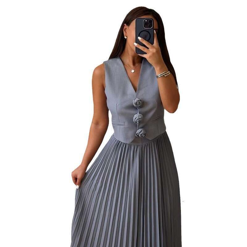 African New Women's Summer Sleeveless Vest Heavy Half Body Pleated Long Skirt Two-Piece Set