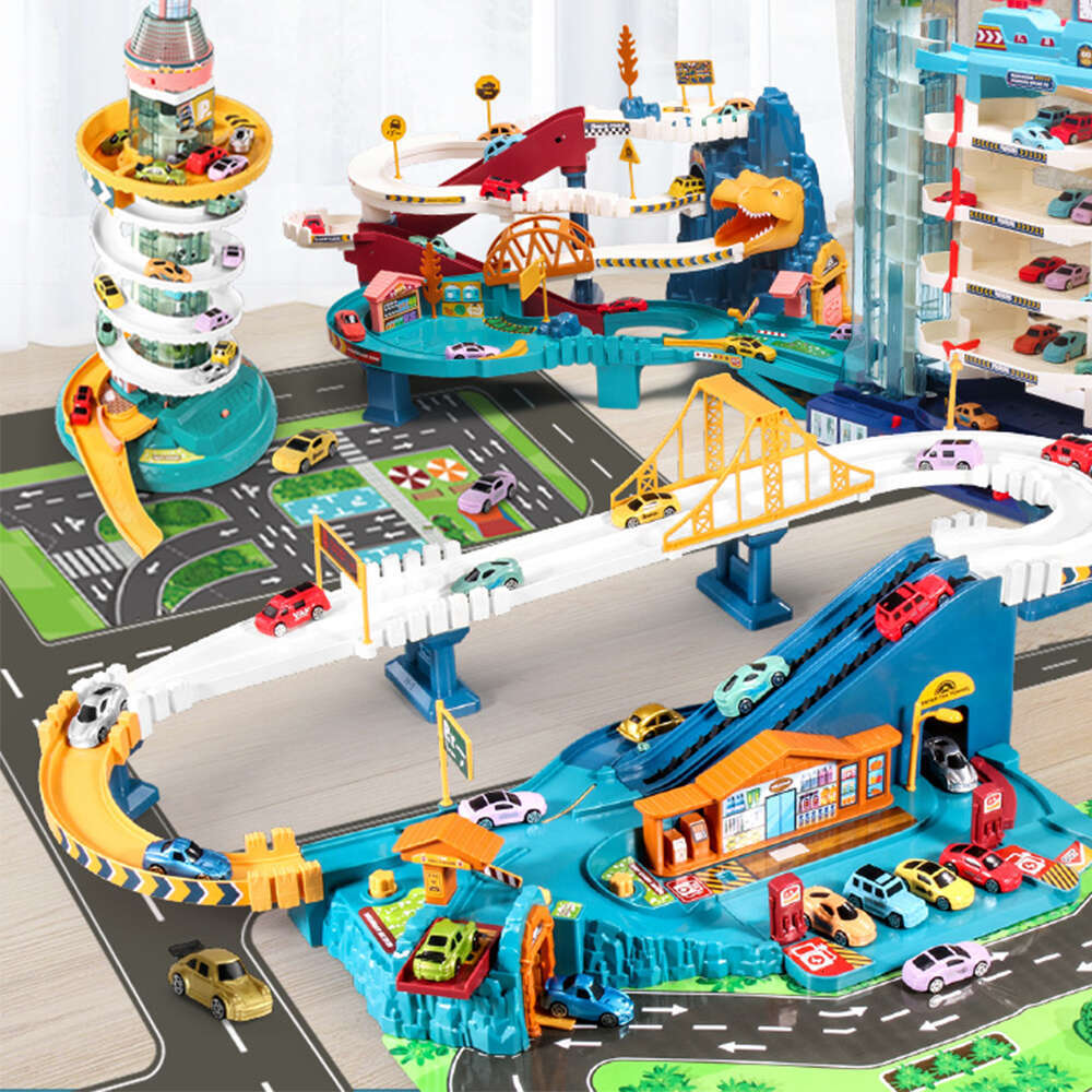 Ramp Track Dinosaur Climbing Hills Railcar Colorful Vehicles Construction Play Set with Mini Racer Cars Children's Toys