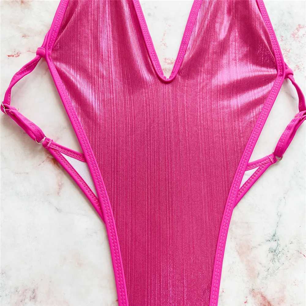 Women's Swimwear Sexy rose red shiny backless swimsuit womens one-piece swimsuit 2025 micro thong back cross string Monokini high cut swimsuit H2