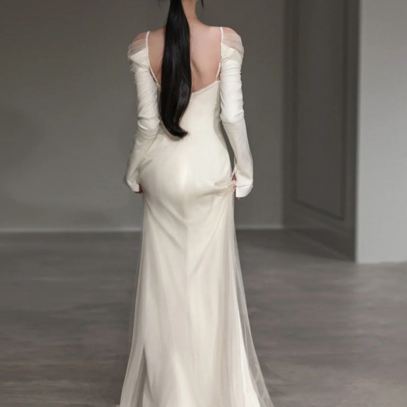Elegant Mermaid Ivory Wedding Dress 2024 Off the Shoulder Backless Silk Satin Bridal Party Gowns Sweep Train Vestidos De Novias