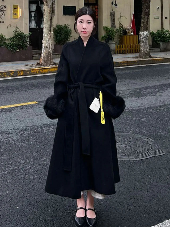2025 Vintage Wool Blend Coat With Belt Long Womens Elegant Warm Winter Clothes Fashion Outerwear Trench 241129