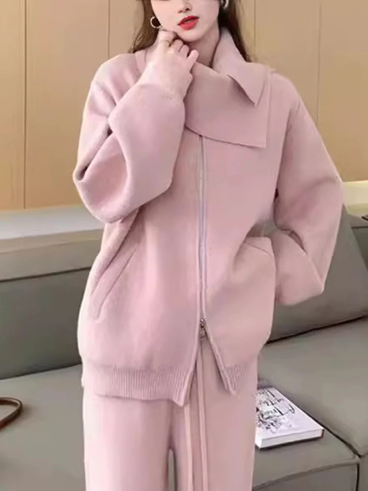 LANMREM Korean Style Knitted Set For Women Scarf Zipper Long Sleeves Sweater High Waist Pants Casual 2024 2VV156 241129