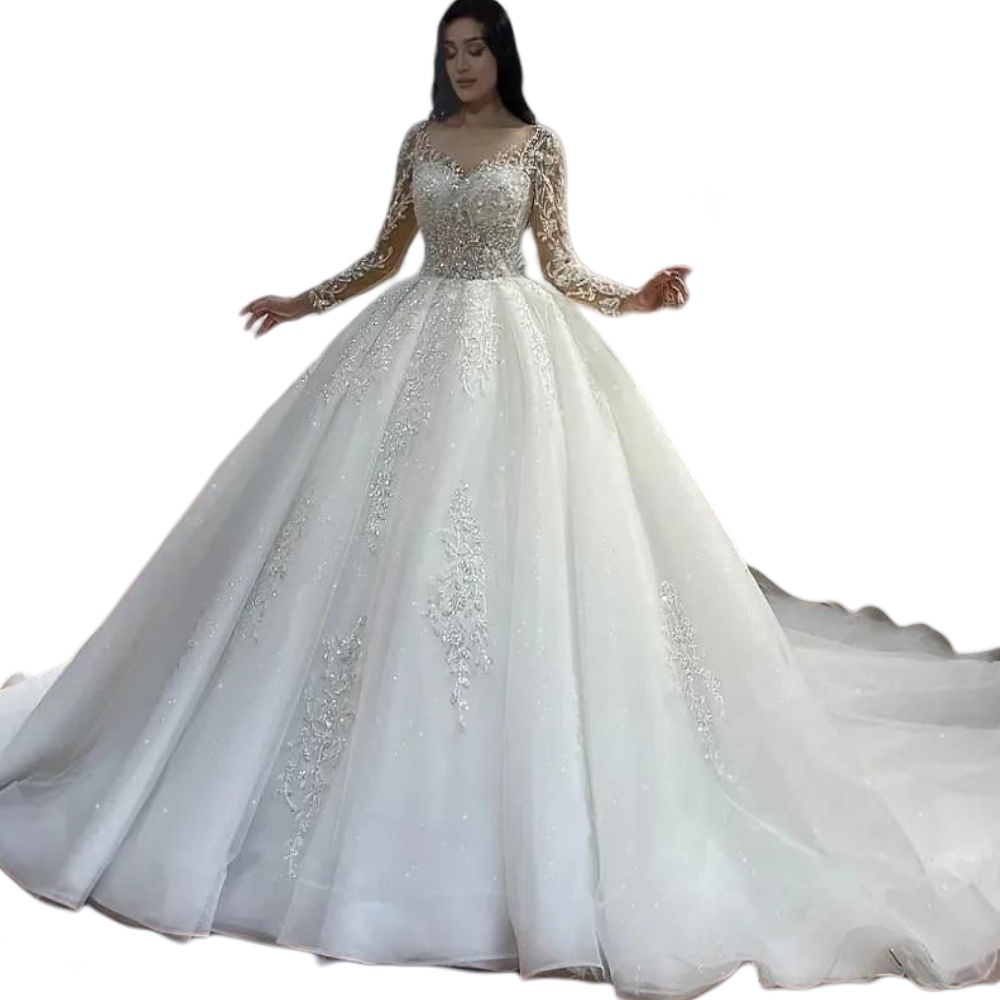2024 Ball Gown Wedding Dresses Crystal Beads Lace Jewel Neck Illusion Long Sleeves Dubai Arabic Tulle Bride Bridal Gowns Vestido De Noiva Corset Back 