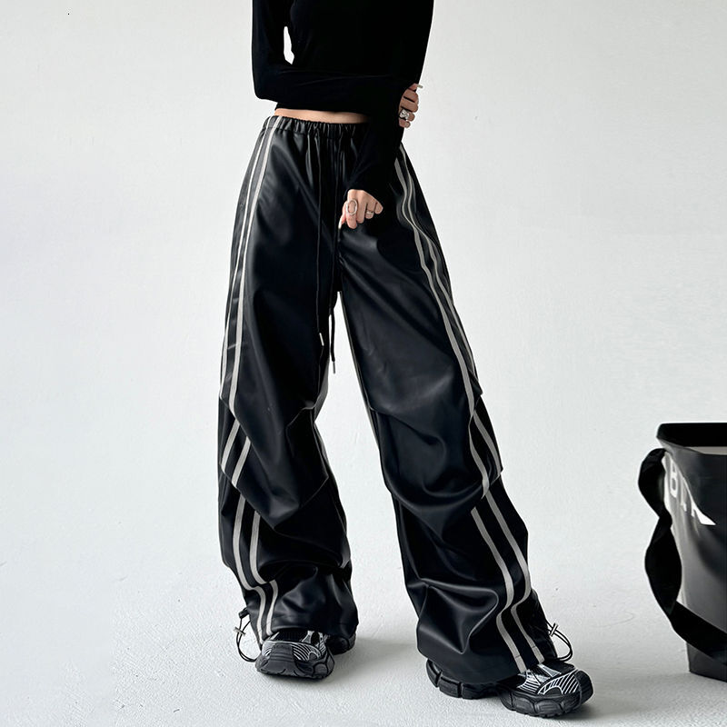 Fashion Black PU Leather Side Striped Casual Women Retro Street Hot Girls Loose Haruku High Waist Straight Pants