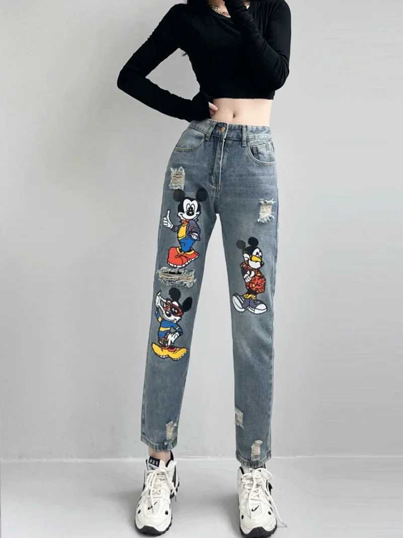 Women's Jeans Cartoon torn jeans womens small print loose high waisted fashionable harem pants Trouser straight jeans hot girl H241130