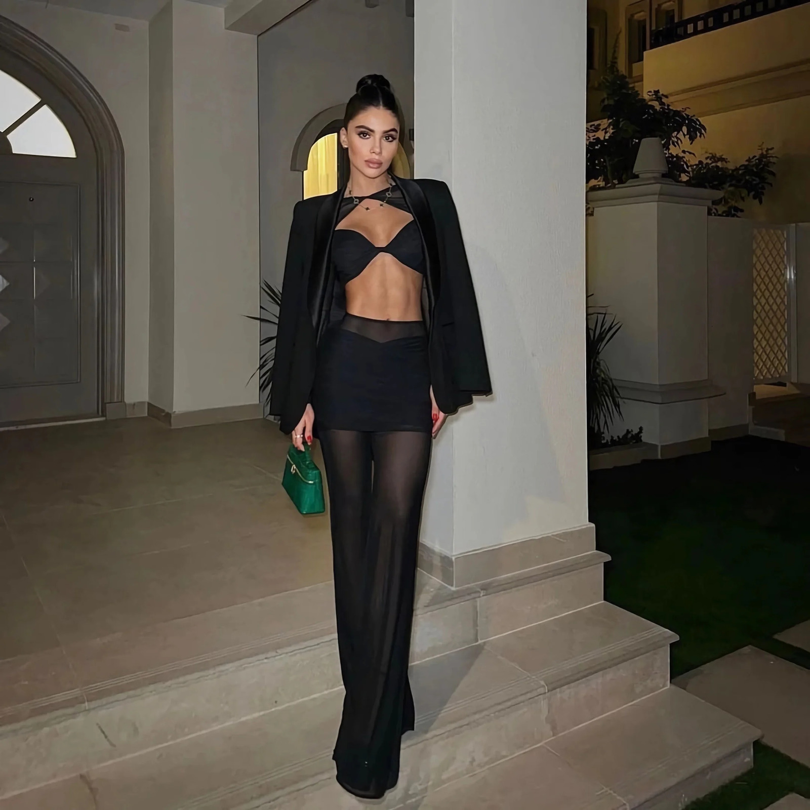 Long sleeves twopiece Dress Suit Women Y2K Tees Short Bra See Through Mesh Maxi Skirt Set Lady dress Outfit 241129