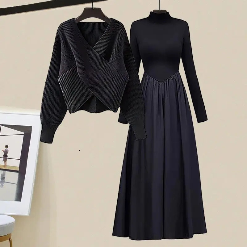 Autumn and Winter Cross Vneck Knitted Sweater Pullover Long Sleeved Dress Twopiece Set Fashionable Womens Skirt 241129