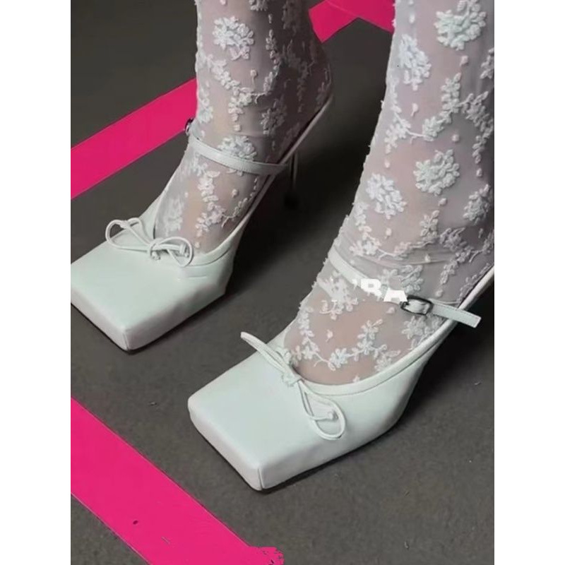 Kendou Liu Wen's 2024 Summer New Style Slippers Women's White Square Bow Ballet High Heels Sandals