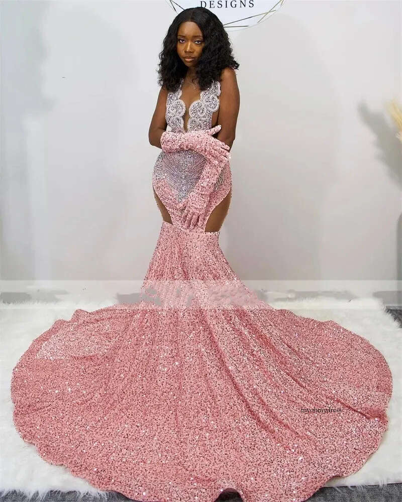 Pink Sequins Memraid Prom Gowns For Black Girls 2024 Sparkly With Goes Beaded Crystal Birthday Party Dresses Evening Dress 0431