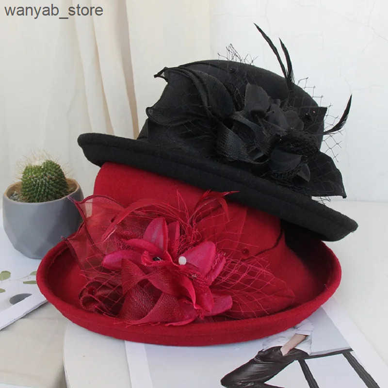 Wide Brim Hats Bucket Hats 2021 Women Warm Wool Felt Flowers Hat Ladies Wide Brim Hat Autumn Winter Noble Elegant Girls Fashion Party Cap Decoration L