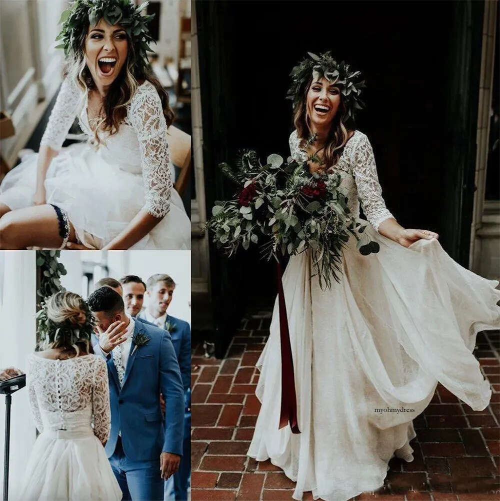 Beautiful Long Sleeve A-Line Two Pieces Beach Country Wedding Gowns Chiffon Ruffles Lace Top Boho Custom Made Bohemian Bridal Gown 0431
