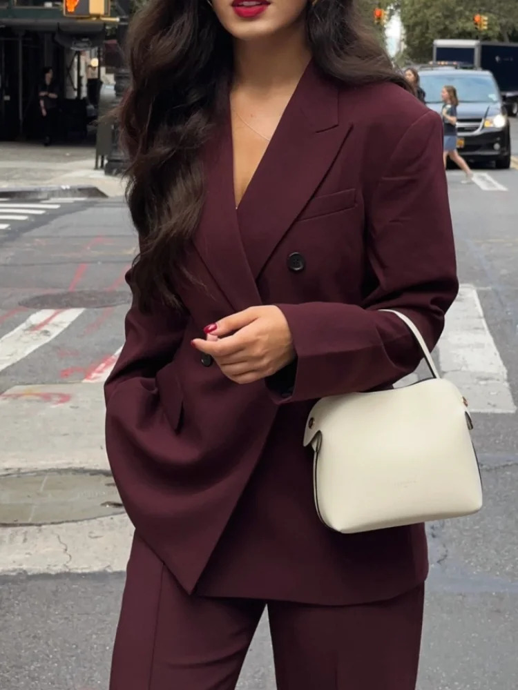 Elegant Solid Women Coat Fashion Loose Full Sleeve DoubleBreasted Female Overcoat Autumn Turndown Collar Ladies Thick Jacket 241121