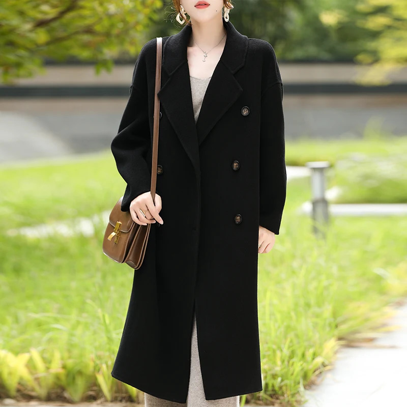 Autumn and Winter HighEnd DoubleBreasted Coat Womens Long Loose Overknee 100Wool Korean Style Versatile Trench 241129