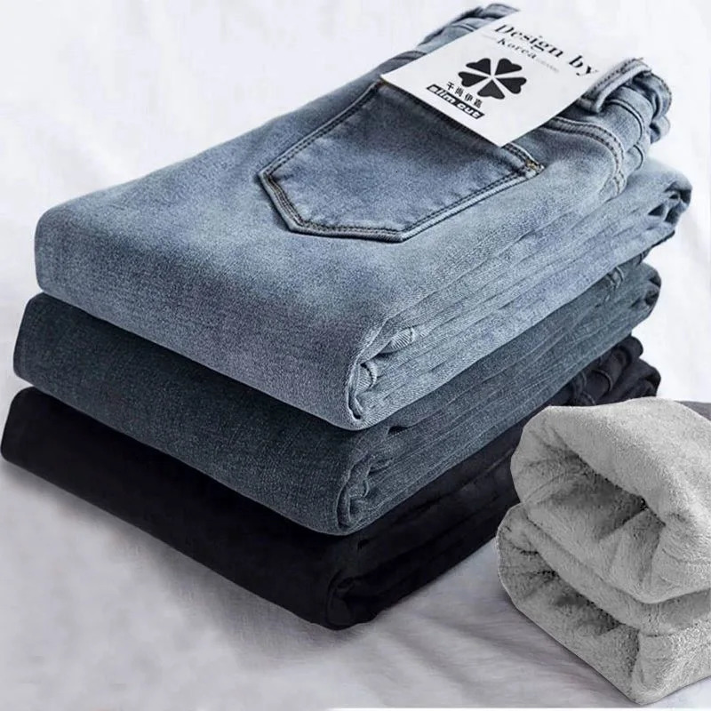 Spring/Summer Tight Warm Jeans Womens Velvet Ankle Length Casual Thick Pencil Pants Basic Wool Denim Jeans 241122