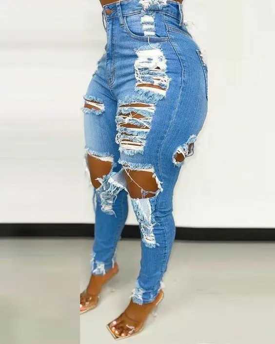 Women's Jeans Womens denim perforated jeans laundry pencil pants high waisted zipper flying slim pocket full-length spring 2024 T-shirt H241130