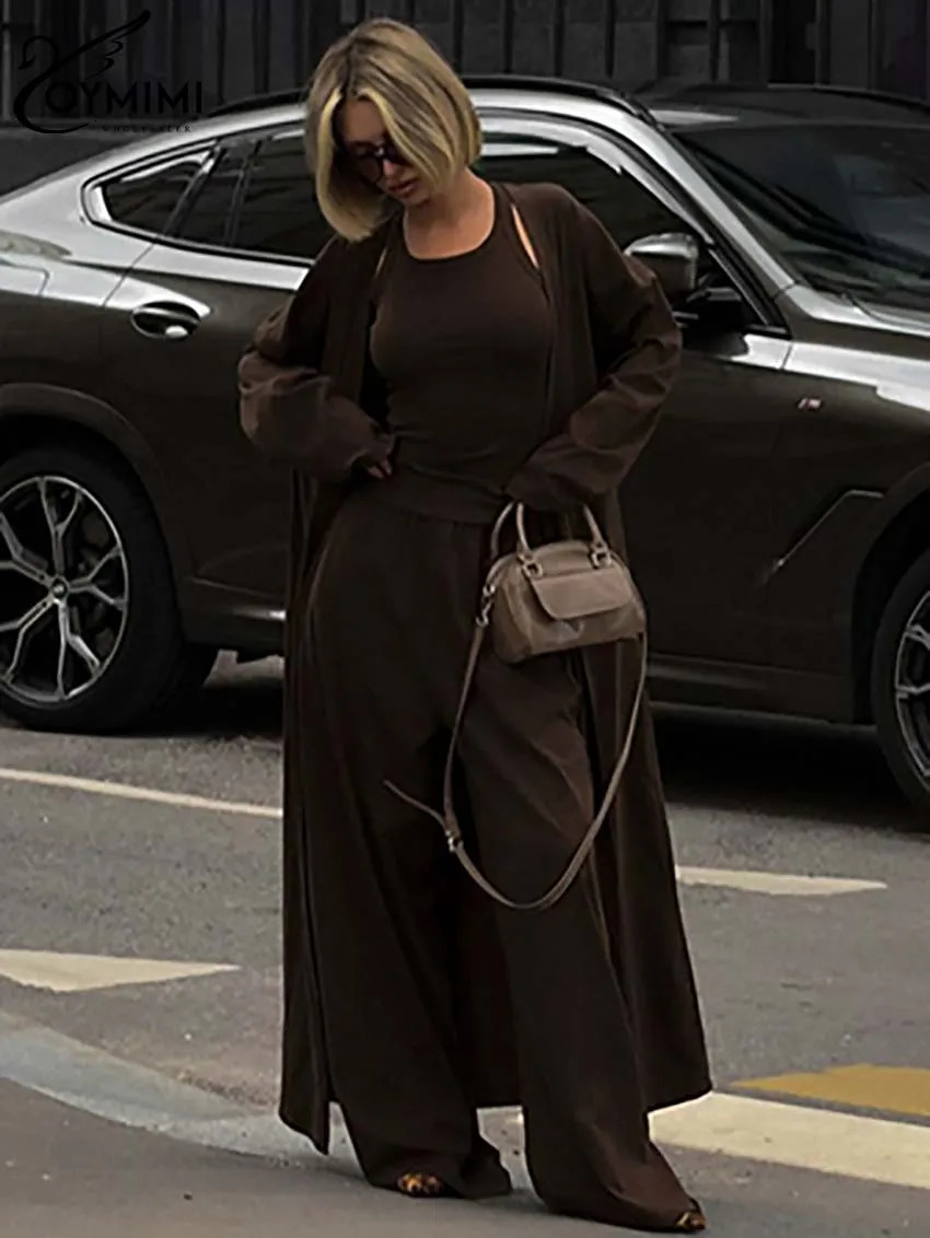 Oymimi Casual Brown 3 Piece Set Outfit Fashion Long Sleeve Robe And Slip Slim Tank Tops Simple Straight Trousers Sets 241129