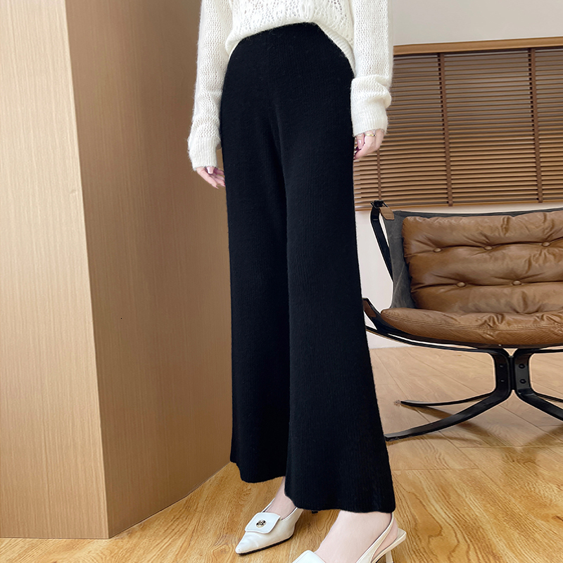Women's Wool Straight Leg For Autumnwinter Fashion Solid Color Elastic Waist Loose Fit 100% Merino Pure Wool Pants