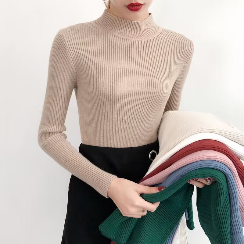 New semi high neck bottom women's long sleeved inner layer new pullover versatile slim knit designer sweater