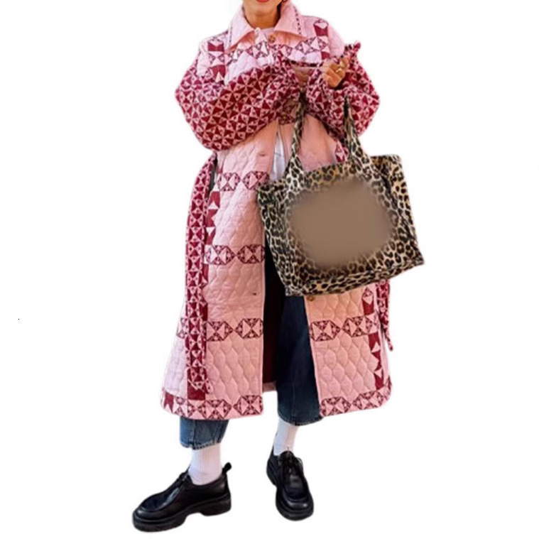 Collar Patchwork Printed Long Sleeved Cotton Jacket, New Pink Loose Fit With Waistband And Tie Up Jacket