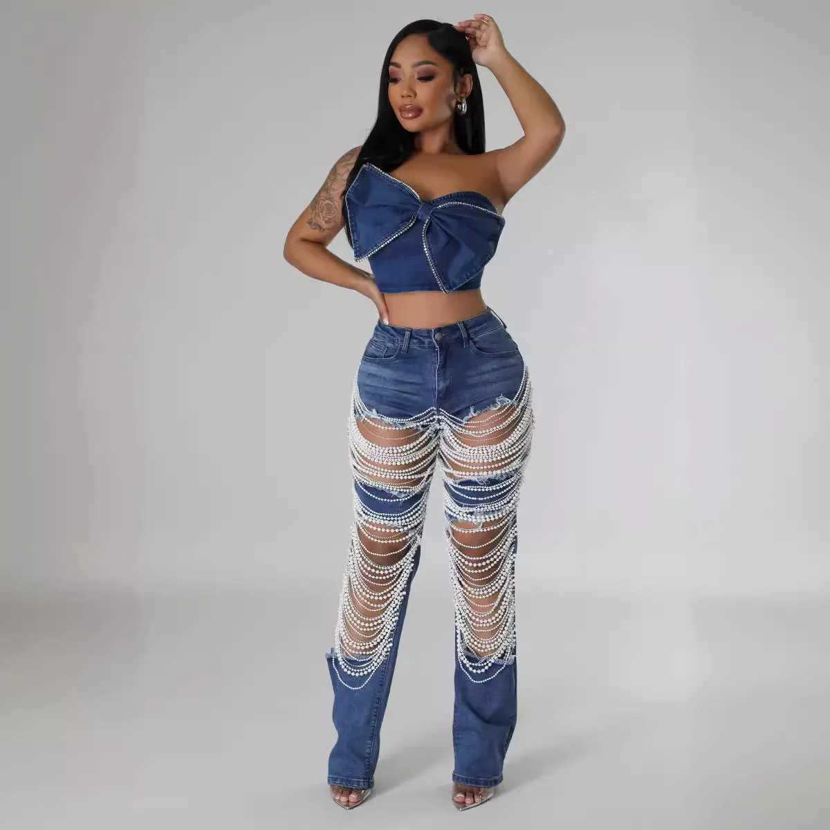 Women's Jeans Womens large hole pearl chain decoration womens denim straight leg pants summer sexy full-length jeans H241130