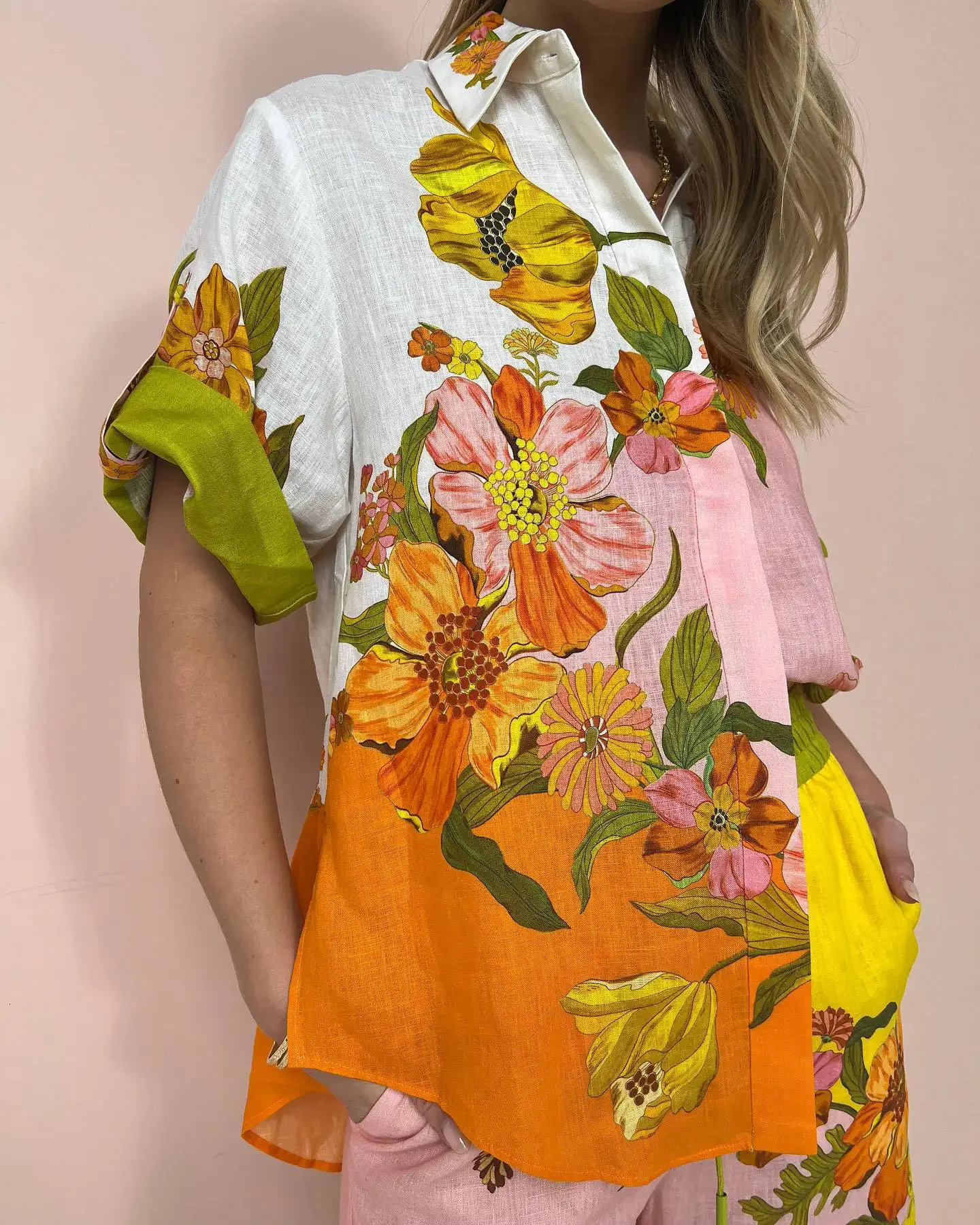 Casual Women Fashion Print Turndown Collar Short Sleeve Vintage Shirt Loose Long Pants Blouse Suit Outfits Twopiece Set 241129