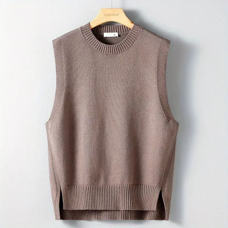 Sweater Man ONeck Knit Vests for Men Slit Loose Solid Color Waistcoat Clothing Deals 2024 Korean Reviews Clothes High Quality 241129
