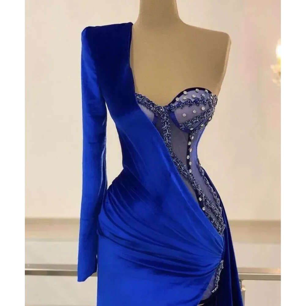 Mermaid Royal Prom Veet Blue Dresses One Shoulder Side Split Beads Evening Dress Custom Made Appliques Ruffles Floor Length Celebrity Party C G