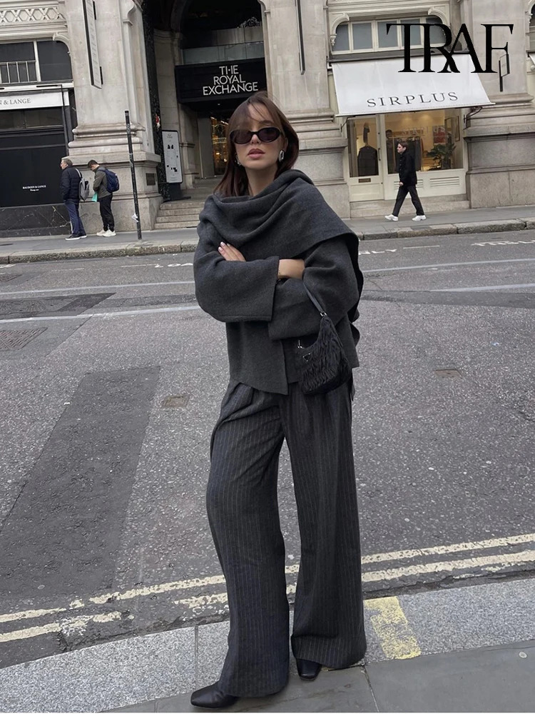 TRAF Womens Autumn and Winter Irregular Scarf Knit Short Coat Casual Solid Color Loose Jacket SingleBreasted Long Sleeve 241121