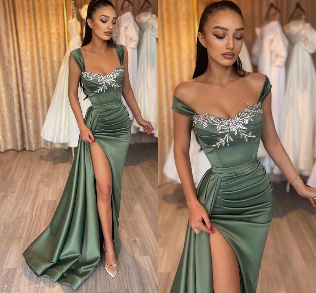 Olive Green Split Evening Dresses Women 2024 New Off Shoulder Cap Sleeve Pleats satin Long Party Occasion Gowns Teens Graduation Prom Dress BC18726