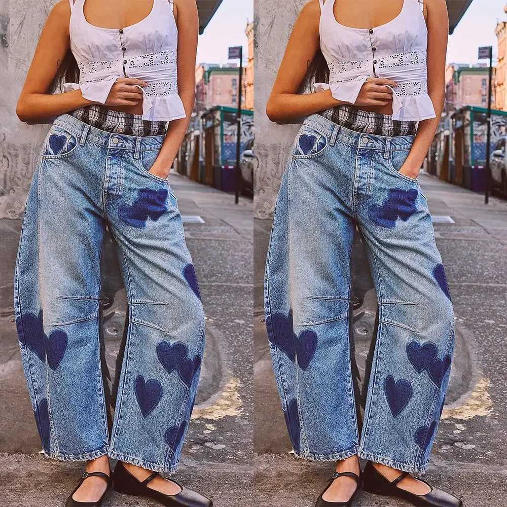 Women's Jeans Womens denim printed pants casual loose denim blue mother heart-shaped mid waist wide leg pants pocket button Y2k splicing 2024 H24