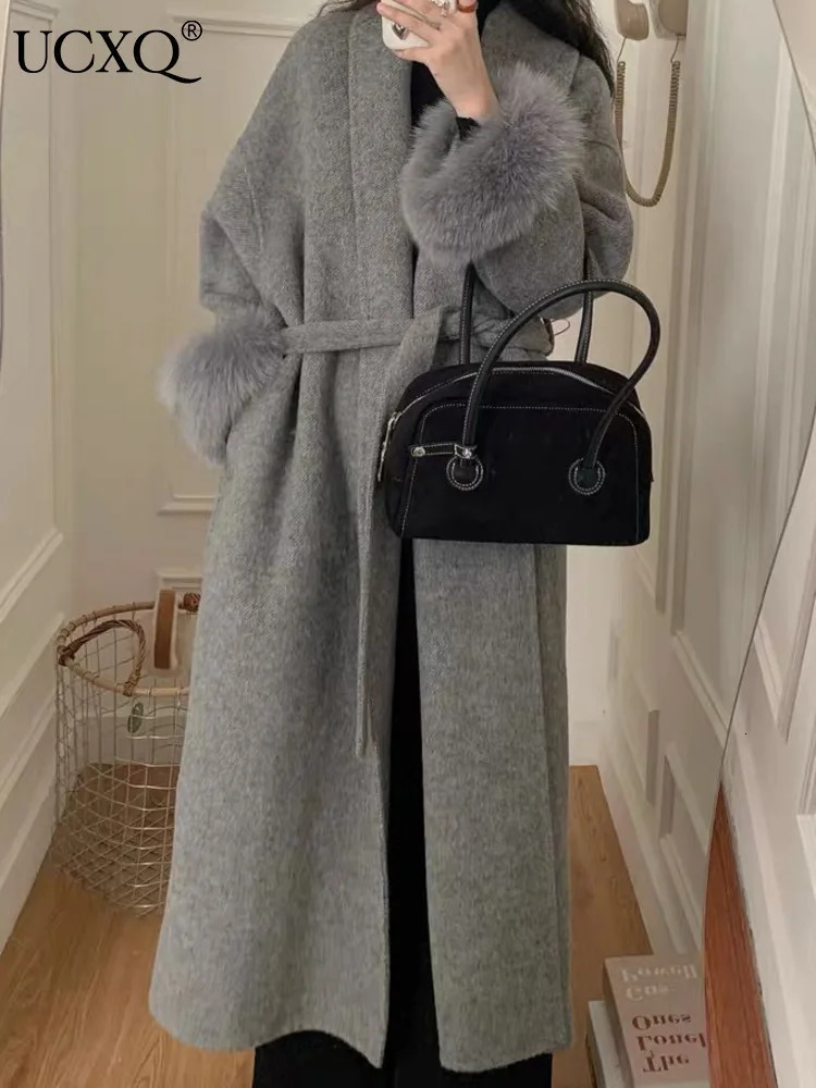 UCXQ Elegant Office Lady Overcoats European Style Faux Fur Coat Womens Clothing Hair Woolen Jacket 2024 Autumn Winter C1496 241129
