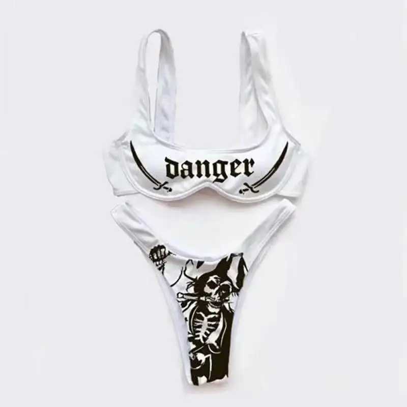 Women's Swimwear New black and white sexy gothic Emo womens two-piece skull print bikini set split swimsuit H241130