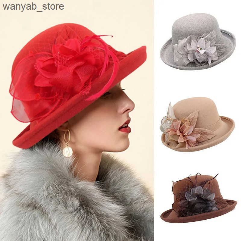 Wide Brim Hats Bucket Hats 2021 Women Warm Wool Felt Flowers Hat Ladies Wide Brim Hat Autumn Winter Noble Elegant Girls Fashion Party Cap Decoration L