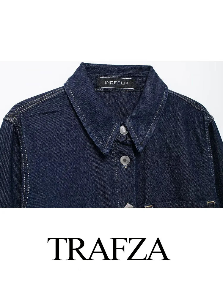 TRAFZA Autumn Fashion Women Suits Solid TurnDown Collar Pocket Single Breasted Denim ShirtsHigh Waist LaceUp Jeans Female Set 241129