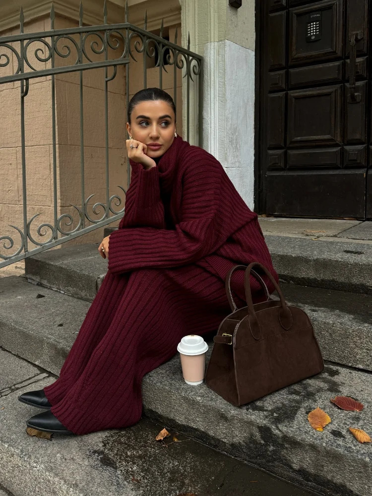 Chic Burgundy Scarf Collar Sweater Set Woman 2 Pieces Fashion Oversize Sweaters Wide Leg Pants 2024 Ladies Street Outwears 241129
