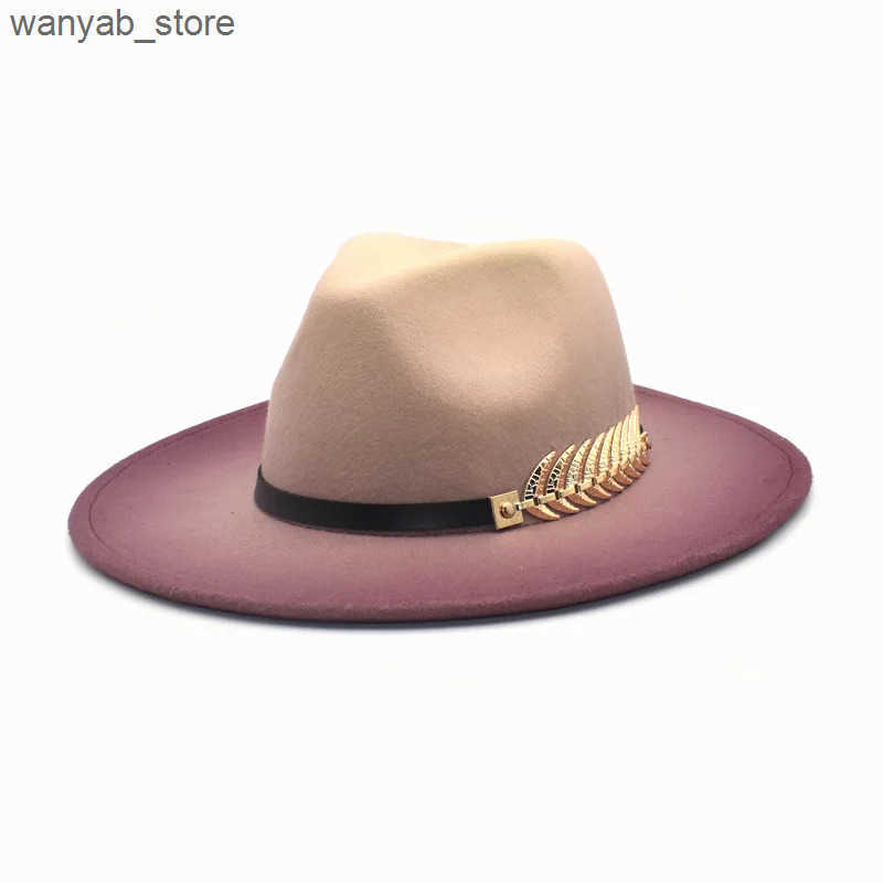 Wide Brim Hats Bucket Hats NEW gradient Wide Brim Wool Felt Jazz Fedora Hats Leaf BuckleBritish style Trilby Party Formal Panama Cap Dress Hat Winter 