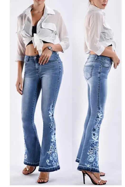 Women's Jeans Womens retro sparkling denim pants embroidered denim Trouser High Strt jeans elastic pleated hem pants H241130