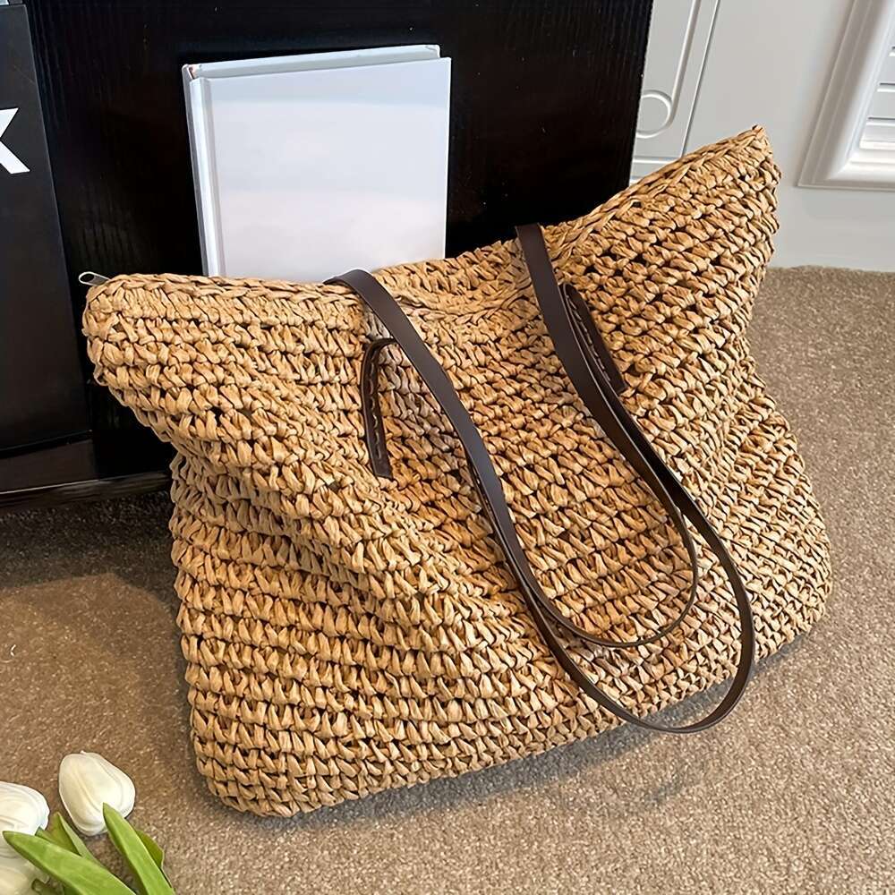 Grass woven large capacity handbag, lightweight shopping zipper shoulder bag, exquisite summer beach handbag
