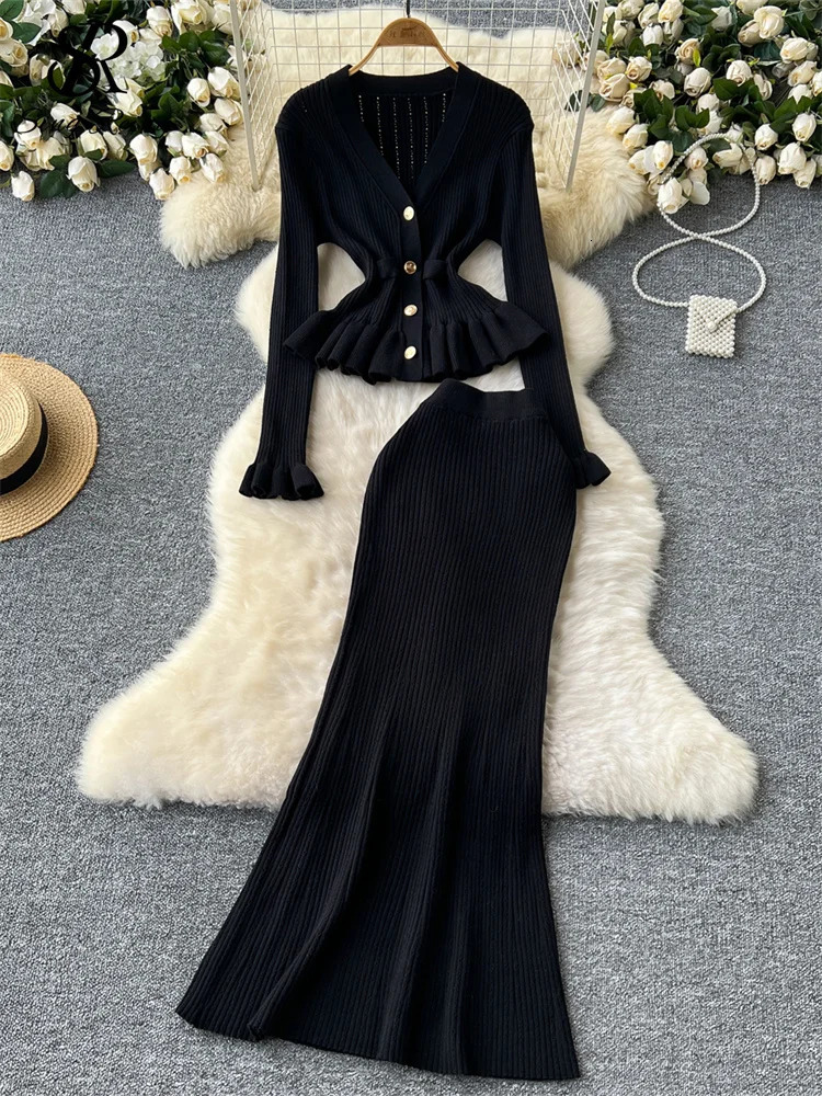 SINGREINY Korean Gentle Slim Two Pieces Set Single Breasted VNeck CardiganHigh Waist Bodycon Mermaid Skirt Knitted Sets 241129