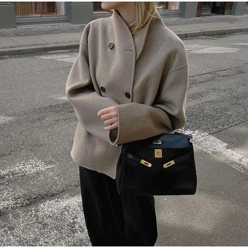 Elegant Double Breasted Short Woolen Coat Fashionable and Simple Commuting Style Womens 241121