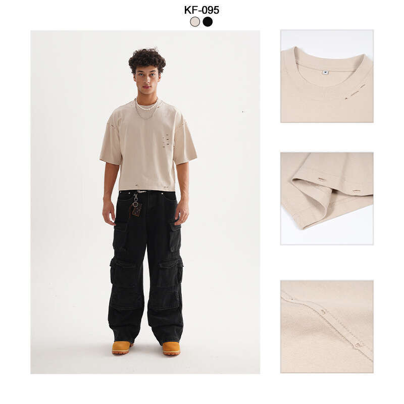 Men's Clothing, American Street Fashion, Retro, Worn Out, Solid Color, Men's T-Shirt, High-Quality, Heavyweight, 100% Cotton, And Wide, Shor