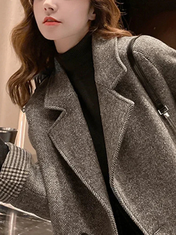 Blazers 2024 Autumn Winter Turndown Collar Wool Blends Coats Korean Fashion Solid Tweed Jacket Simplicity 241129
