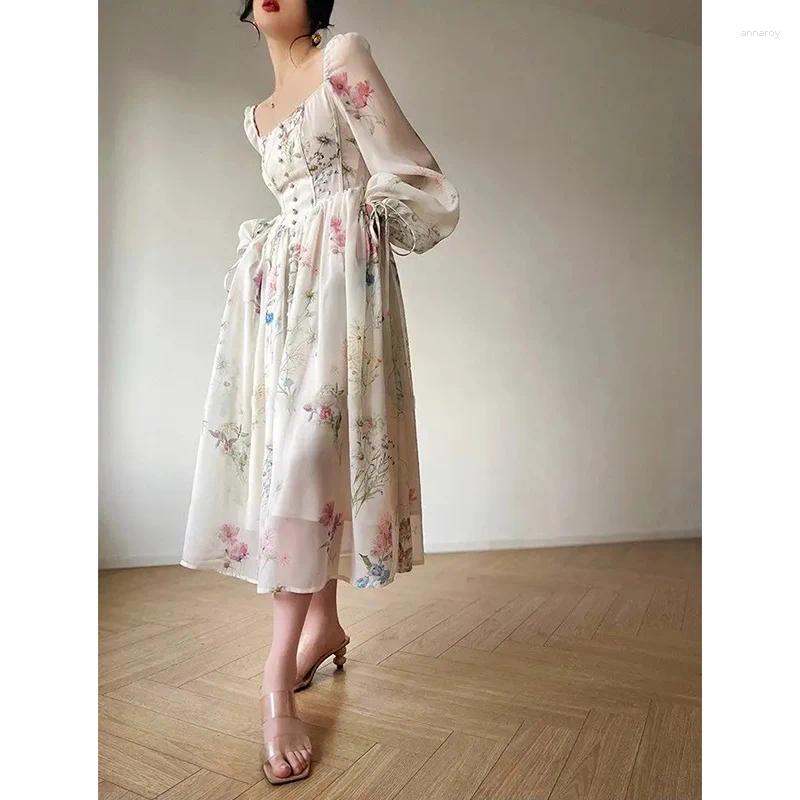 Casual Dresses 2024 Summer Korean Style Floral Evening Party Chiffon Long Sleeve Beach Midi Fairy Dress Vestidos De Ocasion Formales