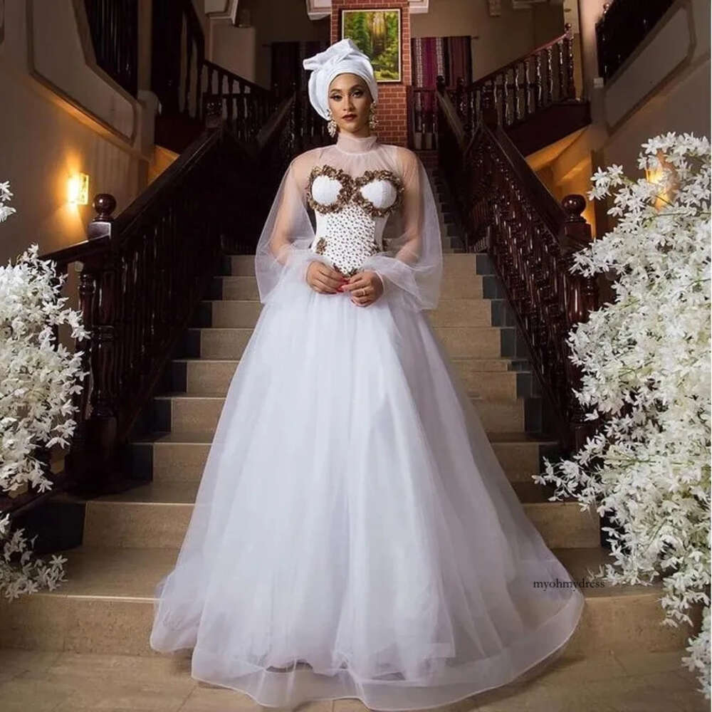 Sexy Llusion Long Sleeves Wedding Gowns For African Women 2022 Mor Beads Pearls Plus Size Aso Ebi Bridal Dress 0431