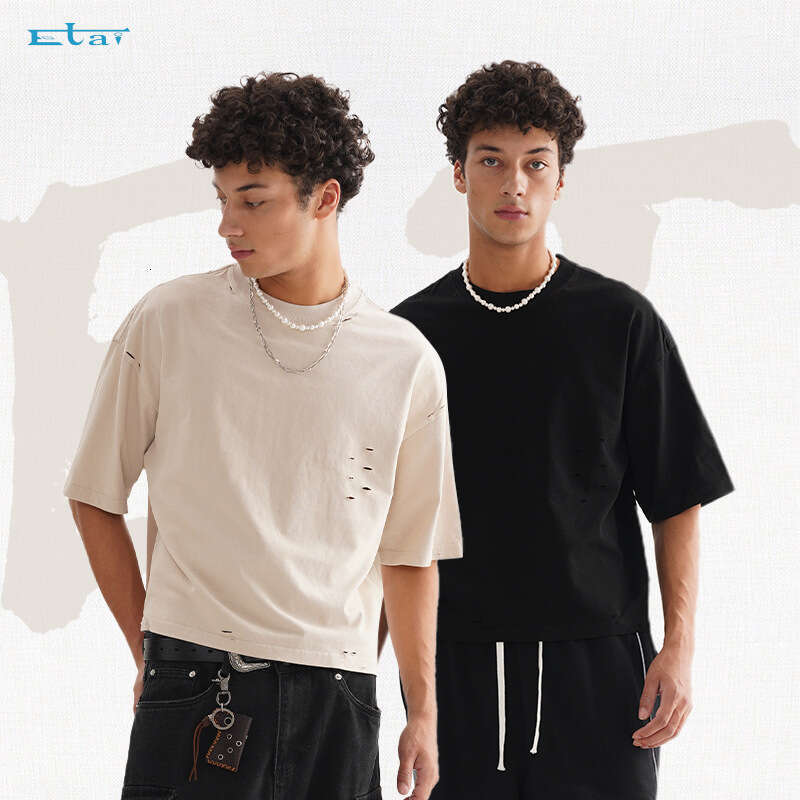 Men's Clothing, American Street Fashion, Retro, Worn Out, Solid Color, Men's T-Shirt, High-Quality, Heavyweight, 100% Cotton, And Wide, Shor