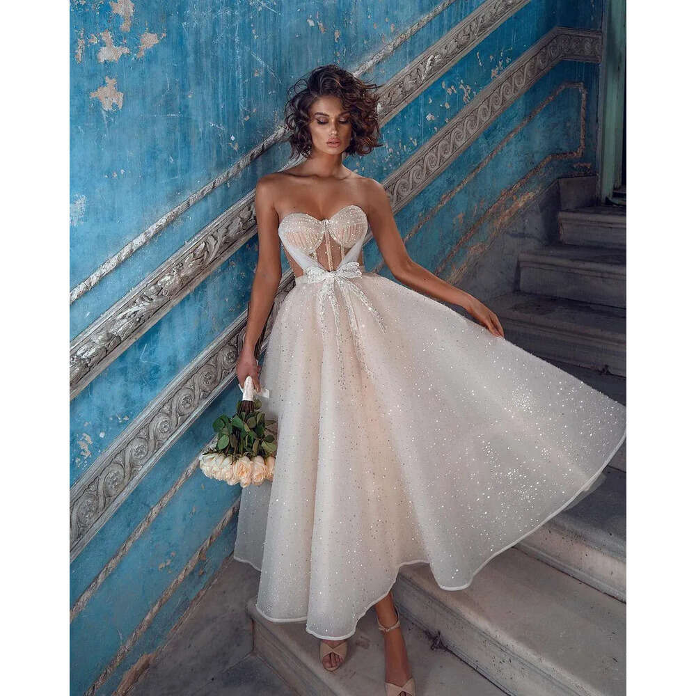 Tea Dresses Length Lace Romantic Summer Sparkling Sweetheart Tulle Beaded Bow Tie Beach Garden Wedding Dress Pregnant Bridal Gowns Bc