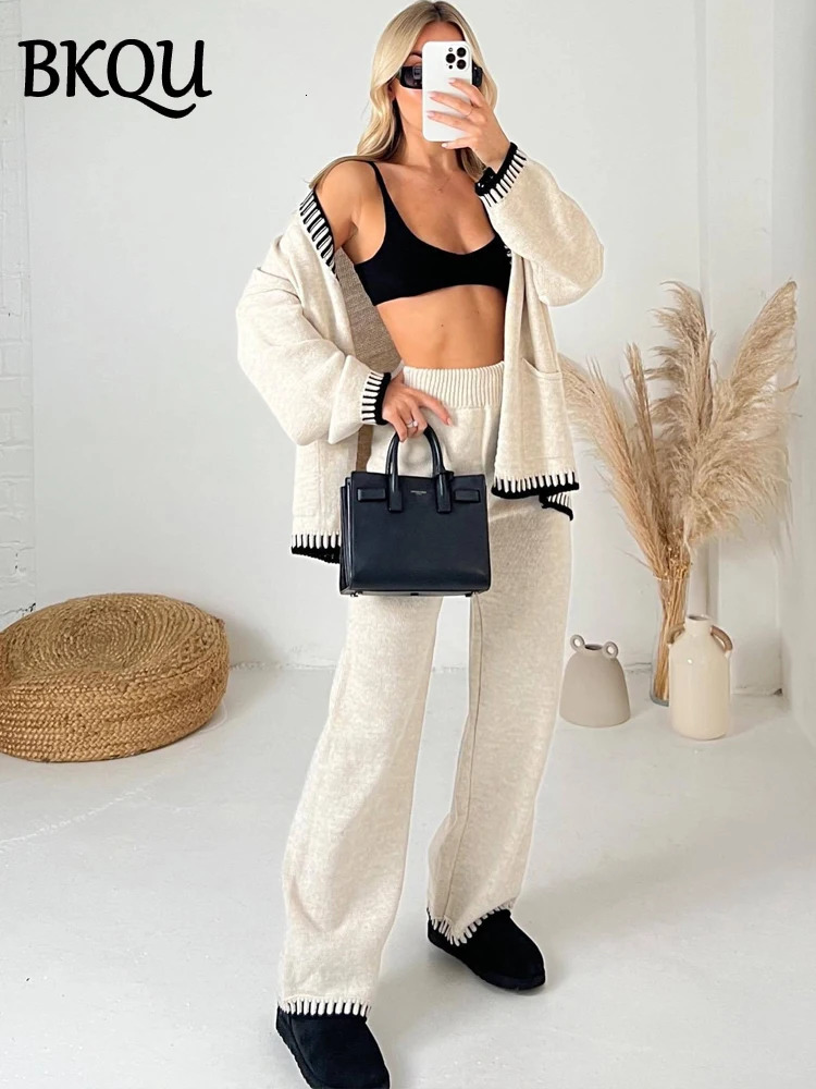 BKQU Knitted Two Piece Set Vneck Button Cardigan Sweater Casual Wide Leg Pants Suits Autumn Winter Lady Tracksuit Outfit 241129