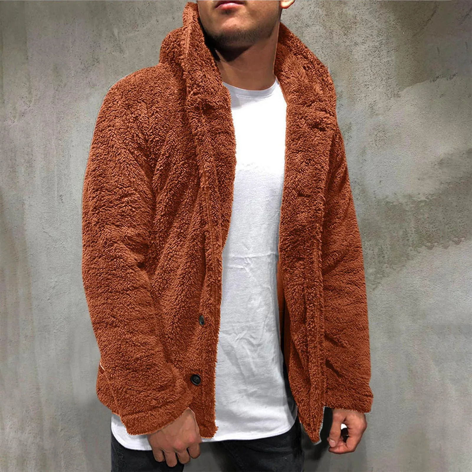 Fashion Trend Mens Wear Autumn Winter Plush Hooded Coat Solid Color Long Sleeve Singlebreasted Warm Cardigan 241120