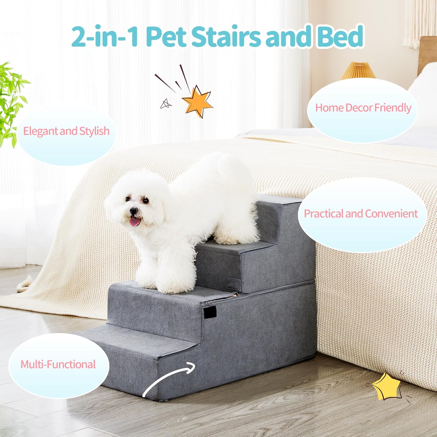 Made4Pets Dog Stairs for Small Dogs, Foldable Pet Step Dog Ramp for High Bed Couch Sofa, High-Density Foam 4-Step with Removable Cover for Older Doggi